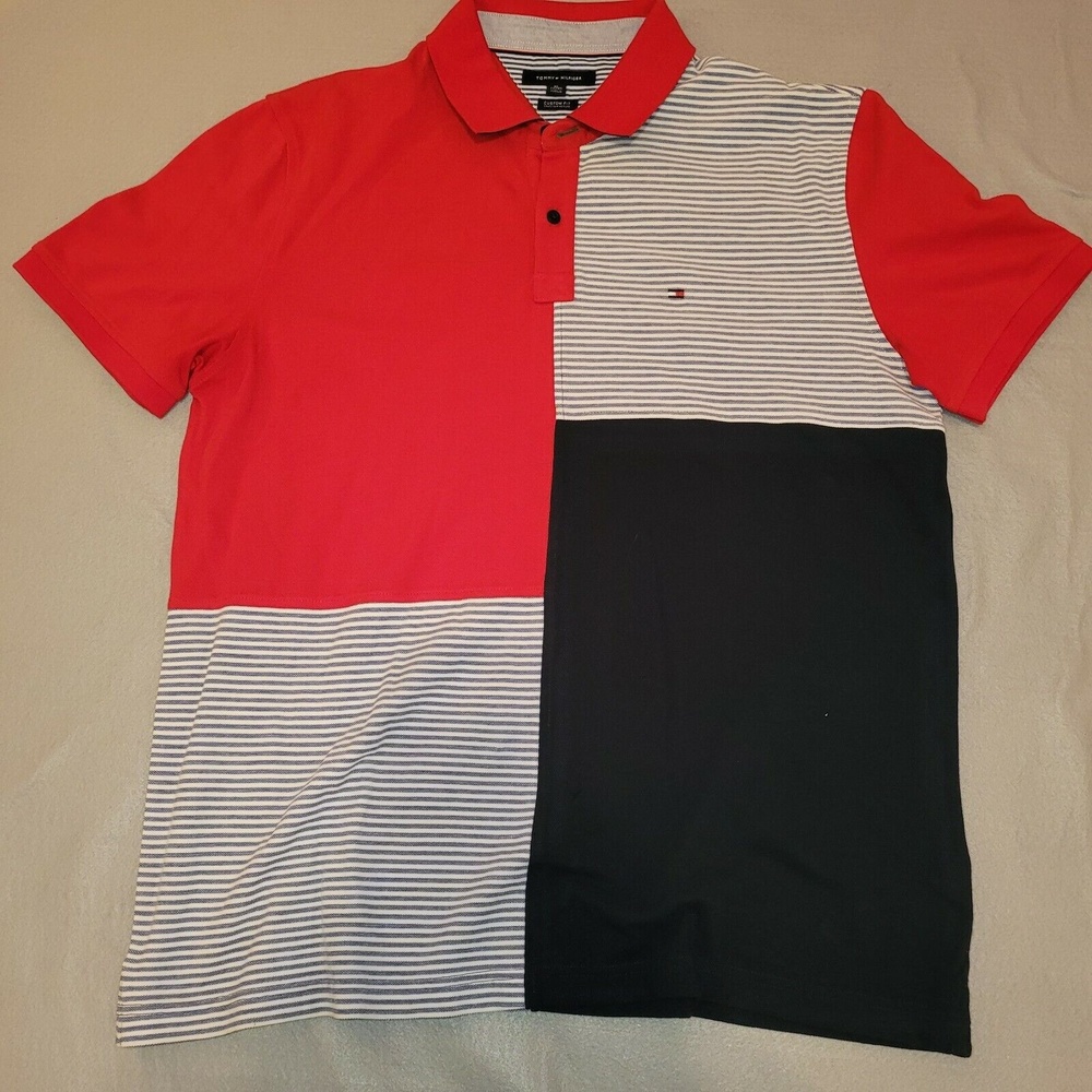 Vintage Tommy Hilfiger Polo Short Sleeved Shirt Red/Blue/Striped XL